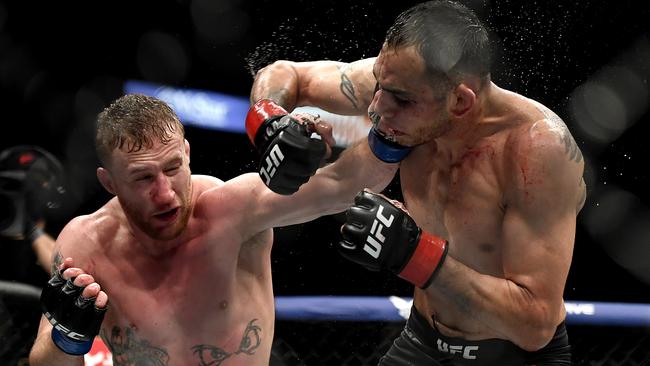 Justin Gaethje lands a heavy punch on Tony Ferguson in their Interim lightweight title fight during UFC 249 in Jacksonville, Florida. Picture: Getty Images