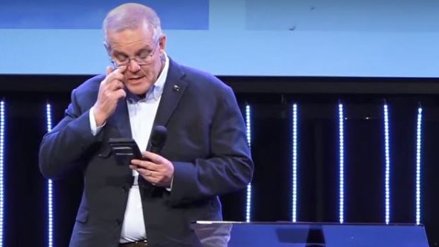 Outgoing PM Scott Morrison, gets emotional as he addresses the congregation at his church in the Sutherland Shire this morning.