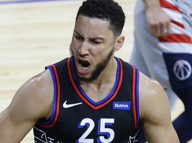 PHILADELPHIA, PENNSYLVANIA - MAY 26: Ben Simmons #25 of the Philadelphia 76ers celebrates a dunk during the first quarter against the Washington Wizards during Game Two of the Eastern Conference first round series at Wells Fargo Center on May 26, 2021 in Philadelphia, Pennsylvania. NOTE TO USER: User expressly acknowledges and agrees that, by downloading and or using this photograph, User is consenting to the terms and conditions of the Getty Images License Agreement.   Tim Nwachukwu/Getty Images/AFP == FOR NEWSPAPERS, INTERNET, TELCOS & TELEVISION USE ONLY ==