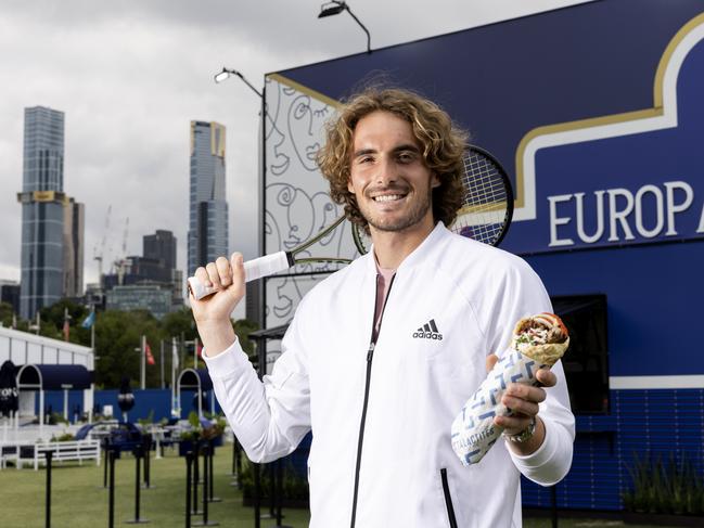 Greek tennis star Stefanos Tsitsipas with one of Stalactites famed souvas. Picture: Fiona Hamilton.