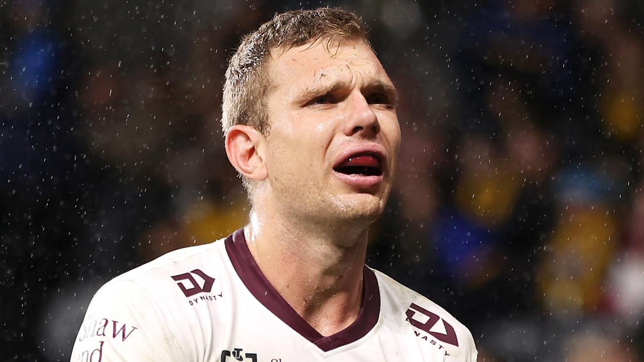 SYDNEY, AUSTRALIA - MAY 20: Tom Trbojevic of the Sea Eagles leaves the field with an injury during the round 11 NRL match between the Parramatta Eels and the Manly Sea Eagles at CommBank Stadium, on May 20, 2022, in Sydney, Australia. (Photo by Mark Kolbe/Getty Images)