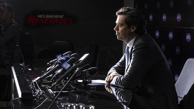 Gillon McLachlan faces the media. Picture: AAP