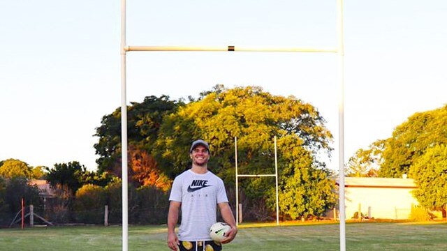 Brodie Croft with the goalposts set up at his home in Highfields. Photo: Brisbane Broncos