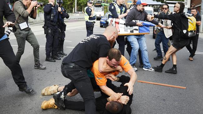 Warring factions clashed violently at Milo Yiannopoulos’ Melbourne appearance. Picture: AAP Image/Erik Anderson