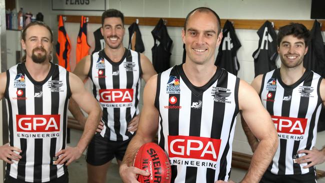 Adelaide Footy League season preview of new Payneham Norwood Union playing coach Jace Bode, (2nd R), captain Jonathan Giannini, (2nd L), and players, Brett Ancell (L), and Anthony Giannini, at Payneham oval. 30 June 2020. Picture Dean Martin