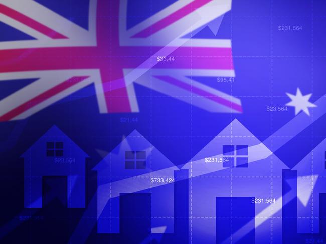 Australia property market high prices concept background with glowing homes and arrows going up. Real estate and property concept backdrop housing generic