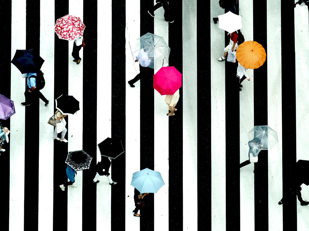 ‘Colorful Umbrellas’ ... My idea was good contrast of colorful umbrellas and black-and-white stripe image. I took this photo in rainy day of June 13th, 2017 from the top of a building in Ginza Tokyo looking down the crossing. Picture: Makoto Nishikura, Japan, Entry, Open, Street Photography (Open competition), 2018 Sony World Photography Awards