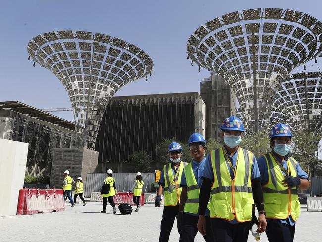 Workers at a construction site in Dubai, United Arab Emirates, which has recommended the organisers of the Expo 2020 to postpone the world’s fair until next year over the new coronavirus pandemic. Picture: Kamran Jebreili