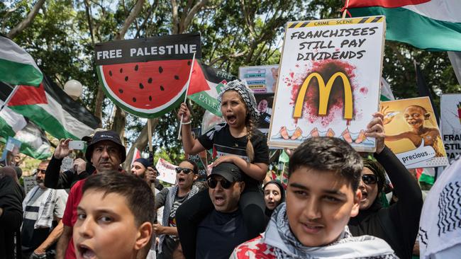 Pro-Palestine protesters are seen at the protest for Gaza in Hyde Park, Sydney. Picture: NCA NewsWire / Flavio Brancaleone