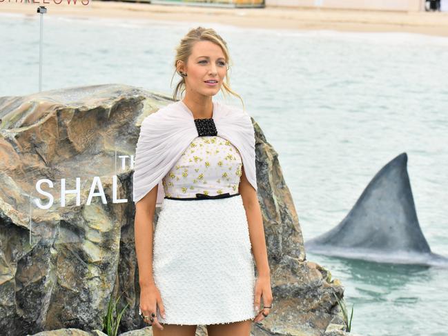 Blake Lively promoted her film in 2016 … with fake sharks. Picture: George Pimentel/WireImage