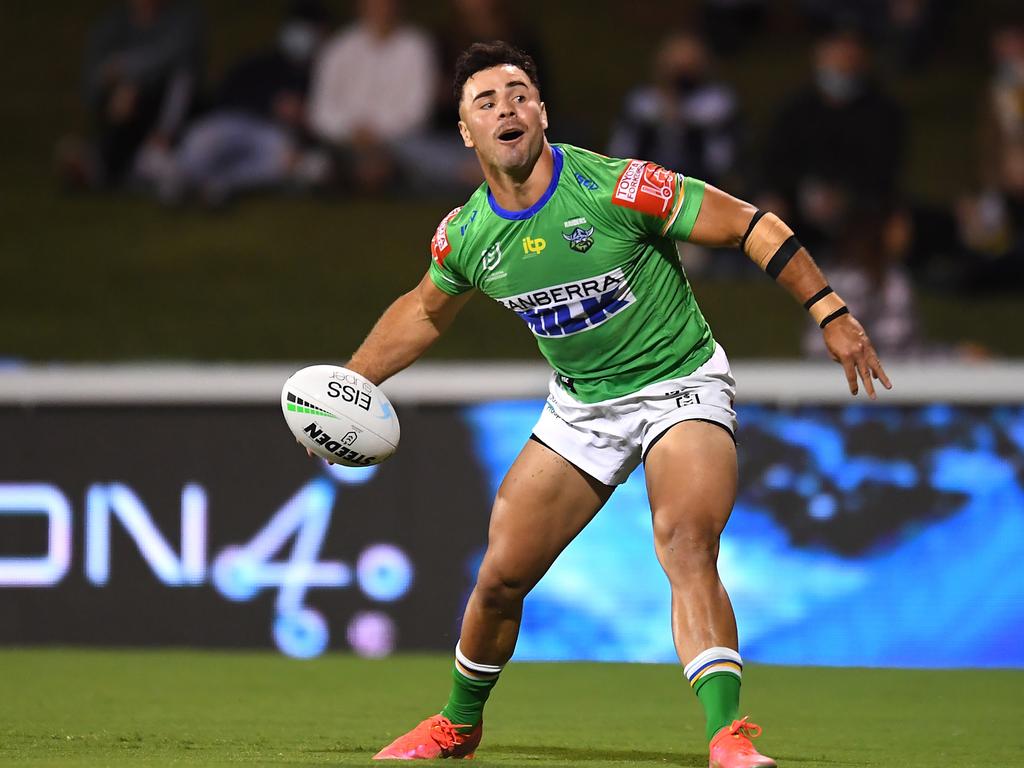 Harley Smith-Shields of the Raiders celebrates scoring a try that was later disallowed during the round 25 NRL match between the Canberra Raiders and the Sydney Roosters at BB Print Stadium, on September 02, 2021, in Mackay, Australia. Picture: Albert Perez