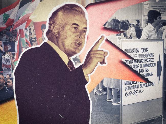 (Ratio 4x3) 24 January 2025; A collage of Edward Gough Whitlam in front of torn images between protestors and migrants, failure of multiculturalism in Australia, Edward Gough Whitlam. Sources: Supplied, iStock and Pixabay. Artwork by Frank Ling. For DIGITAL.