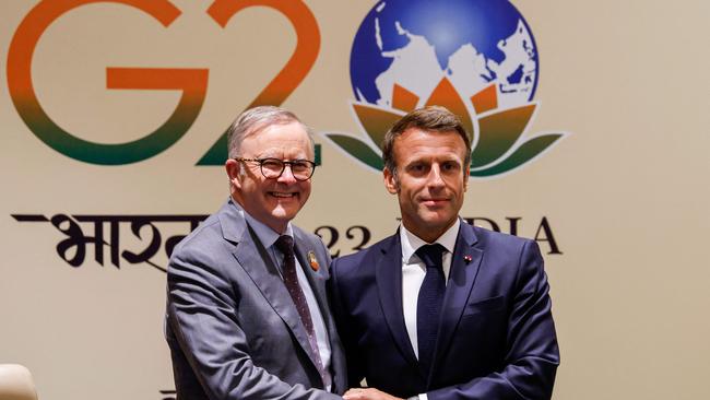 Prime Minister Anthony Albanese and French President Emmanuel Macron at last year’s G20 summit in India. Picture: AFP