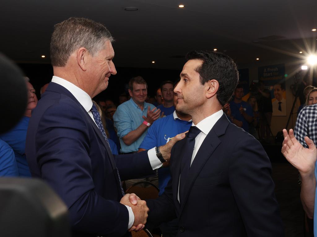 Lawrence Springborg greets David Crisafulli at the LNP campaign launch. Picture: Liam Kidston