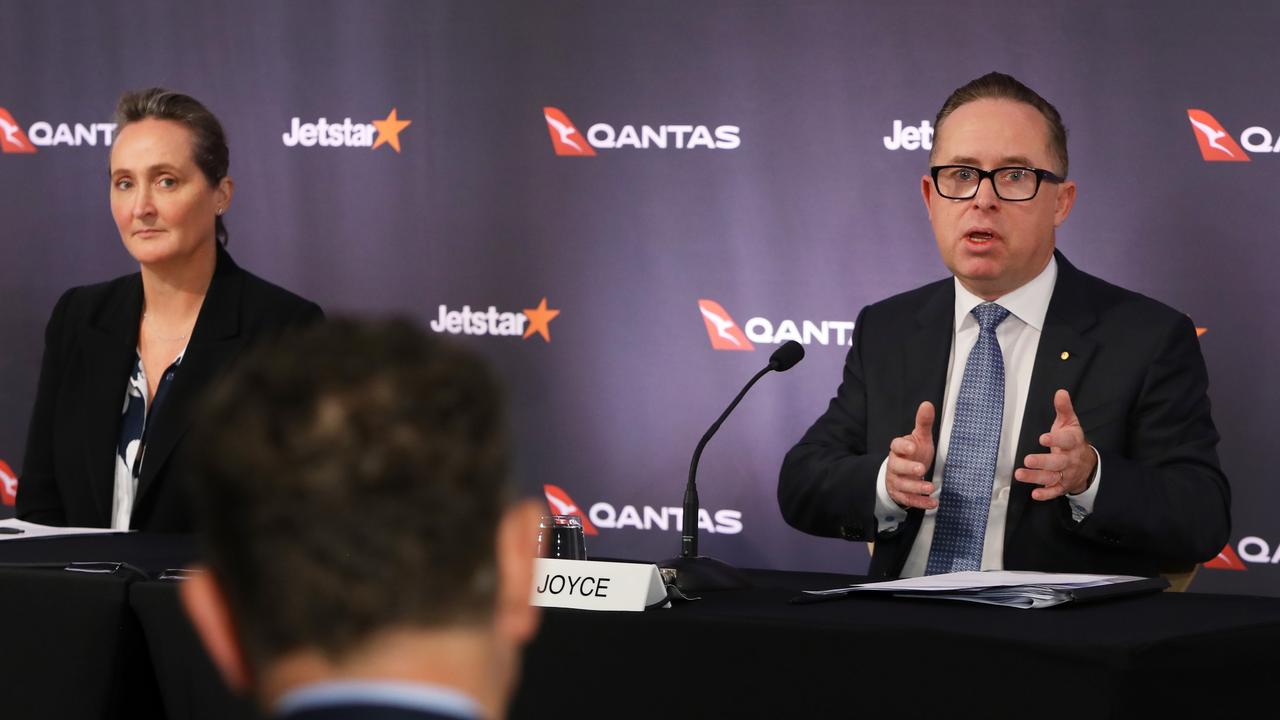 Qantas chief executive officer Alan Joyce with chief financial officer Vanessa Hudson in Sydney on Thursday. Picture: Getty Images.