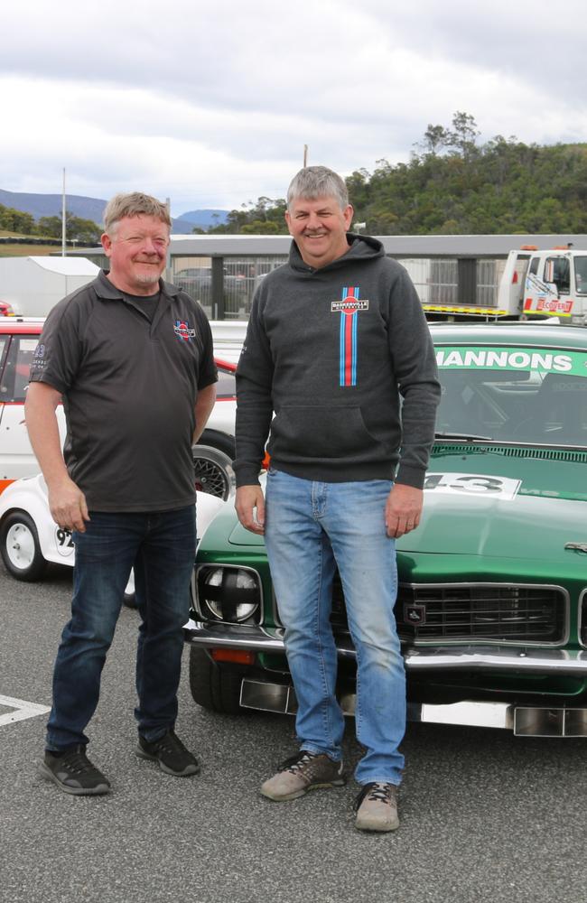 Leigh Woolley and Mick Cross with Mr Woolley's XU1 Torana and Mr Cross sports sedan Rover at Baskerville ahead of the 2024 Baskerville Historics. Picture: Elise Kaine