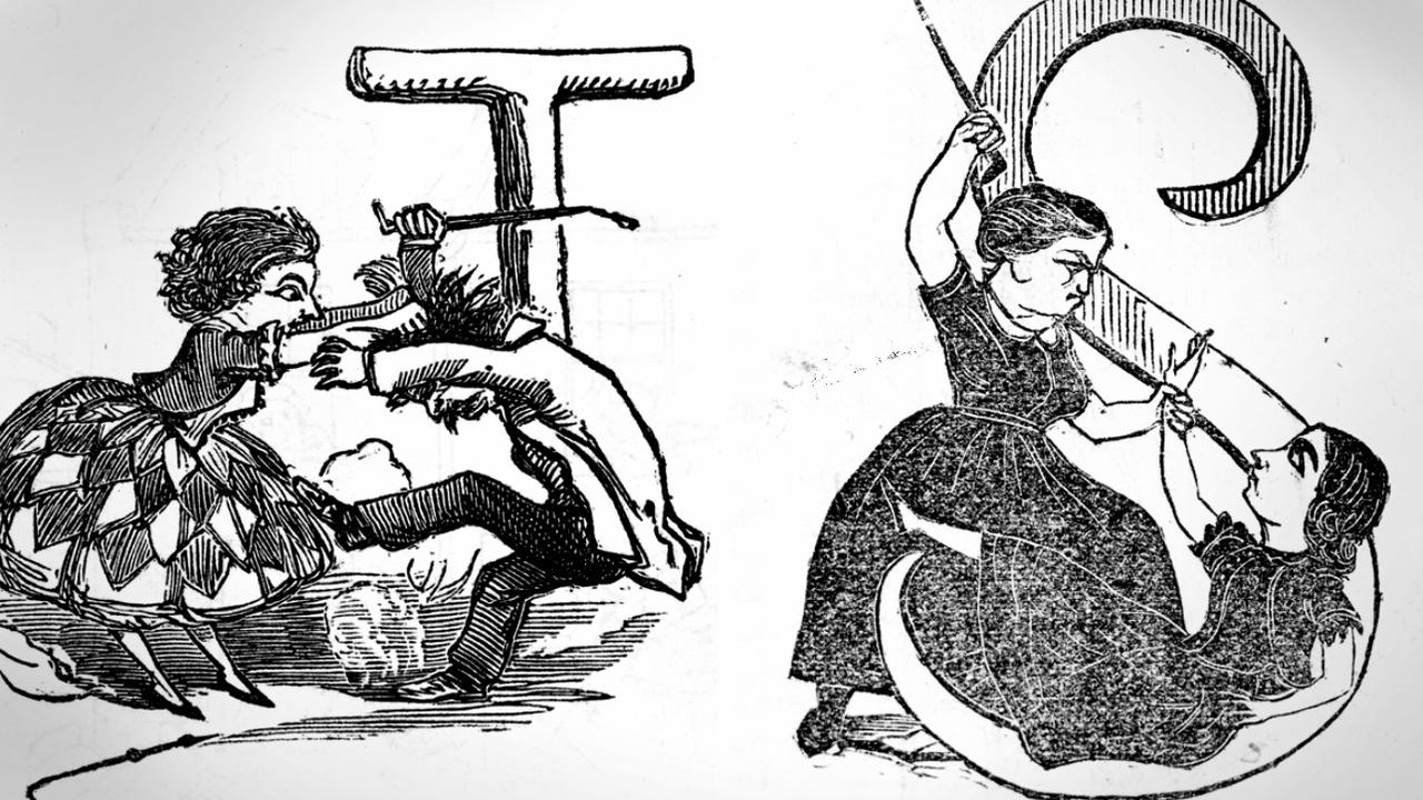 Nineteenth Century caricatures of Lola Montez beating Henry Steenkamp and Mrs Crossby beating Lola Montez. Pictures: State Library of Victoria