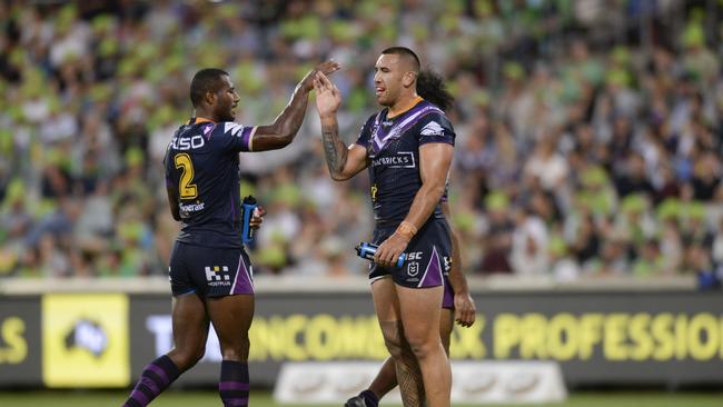 Suliasi Vunivalu and Nelson Asofa-Solomona celebrate a try against Canberra. Picture: AAP Image