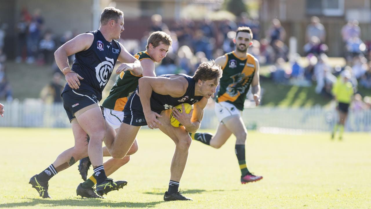 Lachlan Davies of Coolaroo against Goondiwindi Hawks in AFL Darling Downs Allied Cup senior men grand final at Rockville Park, Saturday, September 2, 2023. Picture: Kevin Farmer