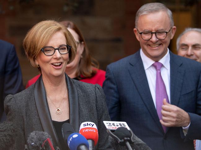 Former prime minister Julia Gillard on the campaign trail with Labor leader Anthony Albanese. Picture: Wendell Teodoro/AFP