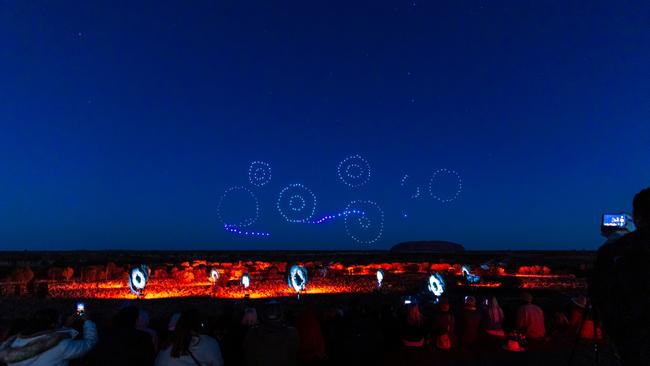 The light show involves more than 1000 drones. Credit: Anangu share the Mala story, from Kaltukatjara to Uluru, through a drone, sound and light show designed and produced by RAMUS.