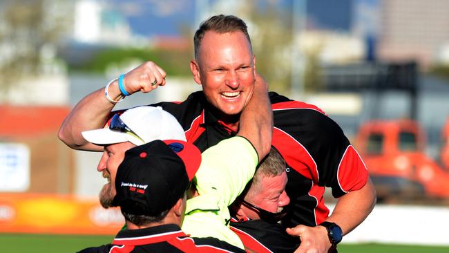 Tea Tree Gully coach Justin Maschotta celebrating last year’s grand final win. Picture: AAP/Brenton Edwards