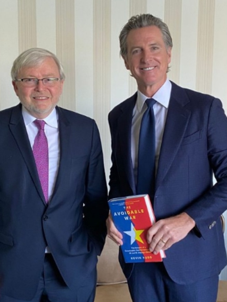 Kevin Rudd gives a copy of his book to California Governor Gavin Newsom. Picture: Twitter