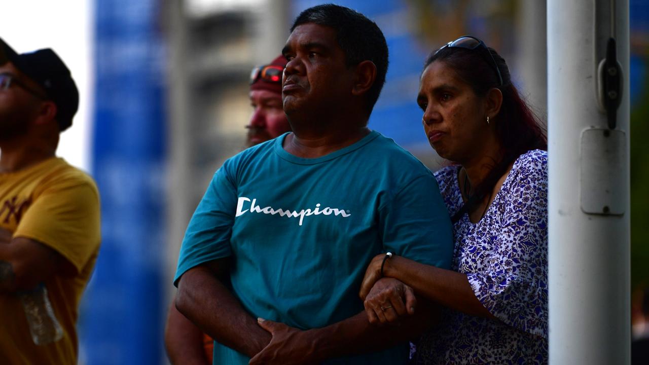 Hundreds of Top End residents gathered outside the NT Parliament on Wednesday for a vigil for Kumanjayi White, a 24-year-old Warlpiri man with a disability who died after being restrained by police in the Alice Springs Coles. Picture: Zizi Averill