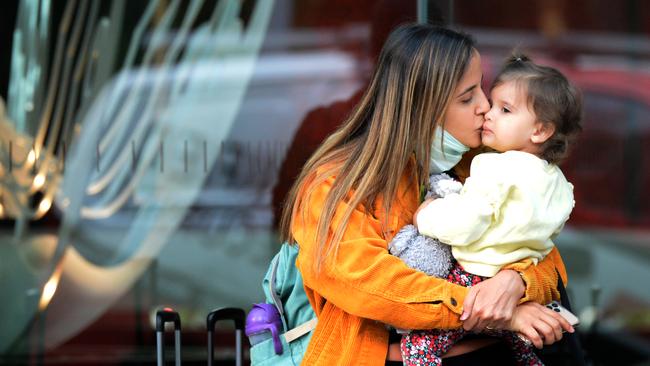 Families were relieved to leave Crown after their two-week quarantine. Picture: Andrew Henshaw