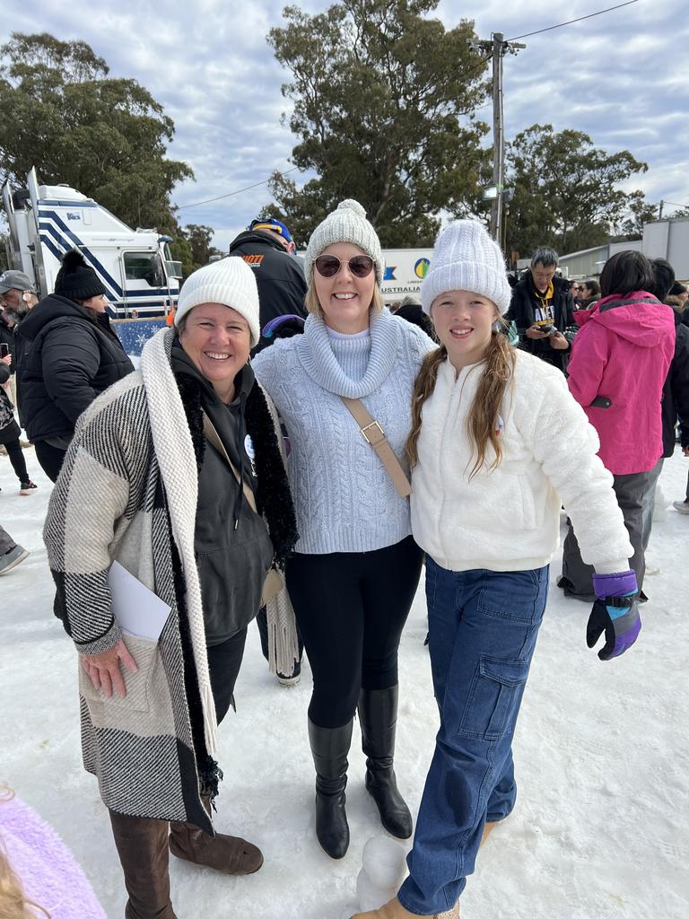 Sandra (L), Janine and Isabella (R) having a 'snow' good of a time on Snowflakes in Stanthorpe on Saturday, July 1 2023.