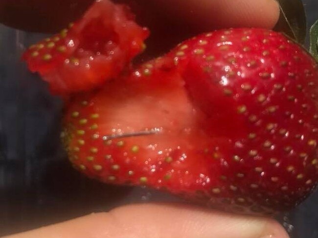 A needle found in a Berry Obsessions punnet from Woolworths recently. Picture: Supplied/Facebook