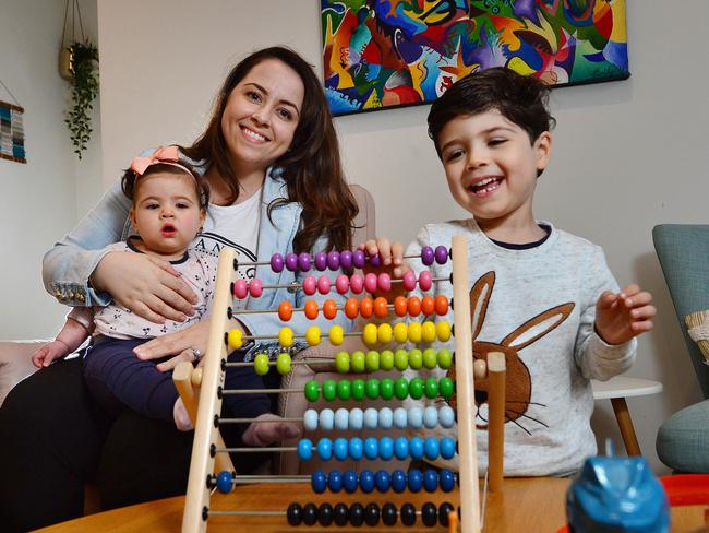 Mother-of-two Emilia Rossi said having free childcare has been a help to boost her savings but she's realistic it won't last forever. She has two children Hercule, 2.5yo and Olympia, 6 months. Story is on the upcoming changes due to be announced on free childcare. Picture : Nicki Connolly