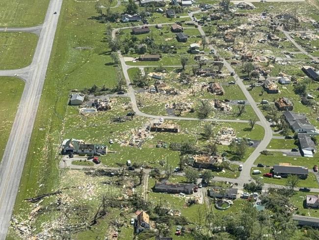 This aerial photo provided by London, KY Mayor Randall Weddle shows damage from severe weather in London, Ky., on Saturday, May 17, 2025.  (City of London, Ky. via AP)