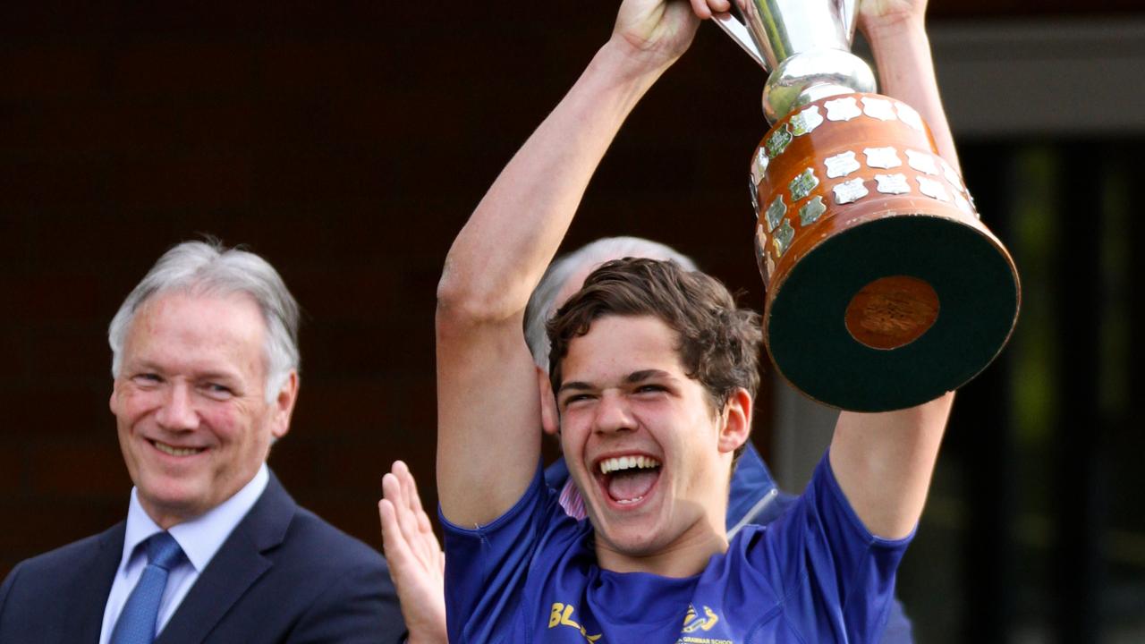 Toowoomba Grammar's 2017 First XV rugby captain Tom Dickenson with the O’Callaghan Cup. Photo: TGS