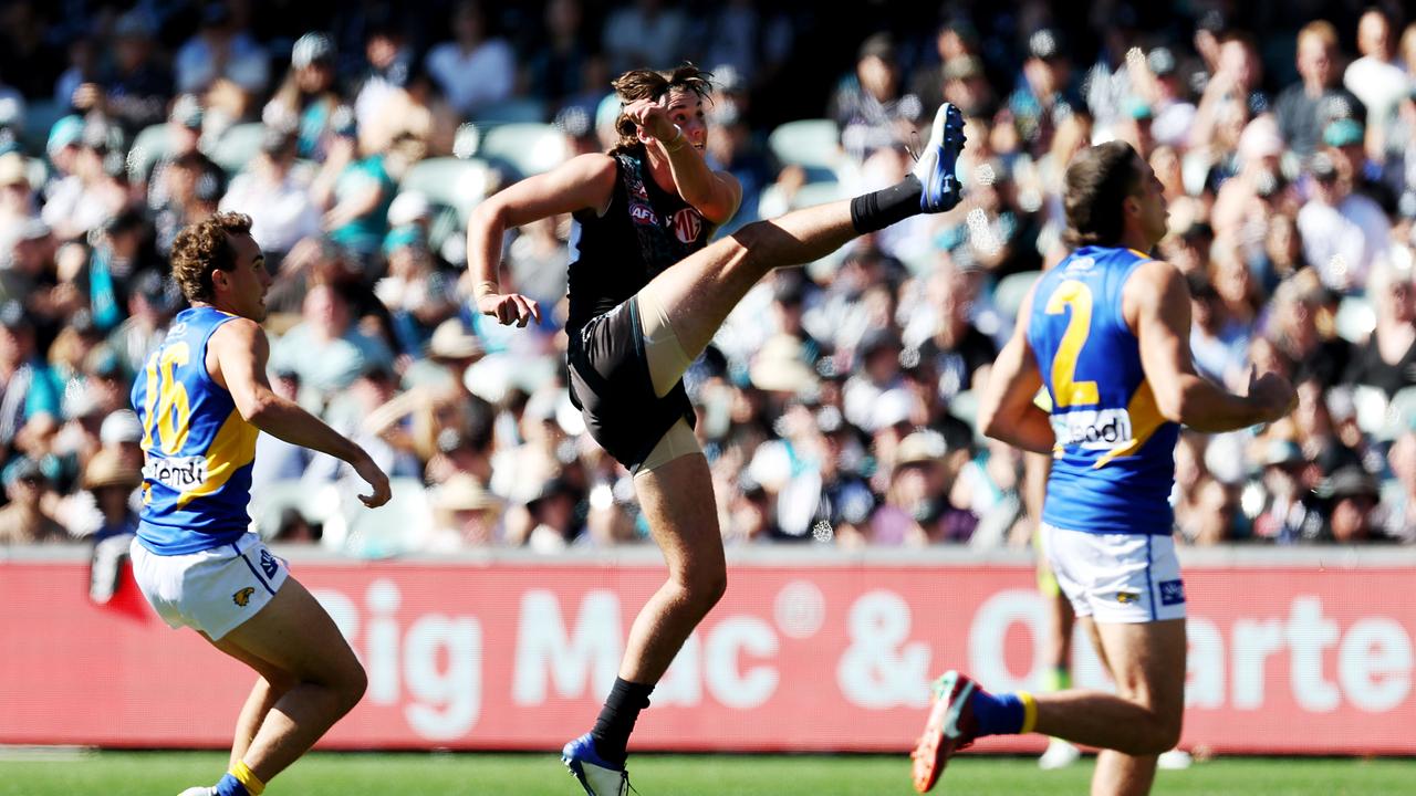 Ollie Lord of the Power kicks his first goal during the 2023 AFL Round 06 match between the Port Adelaide Power and the West Coast Eagles at Adelaide Oval on April 22, 2023 in Adelaide, Australia. (Photo by James Elsby/AFL Photos via Getty Images)