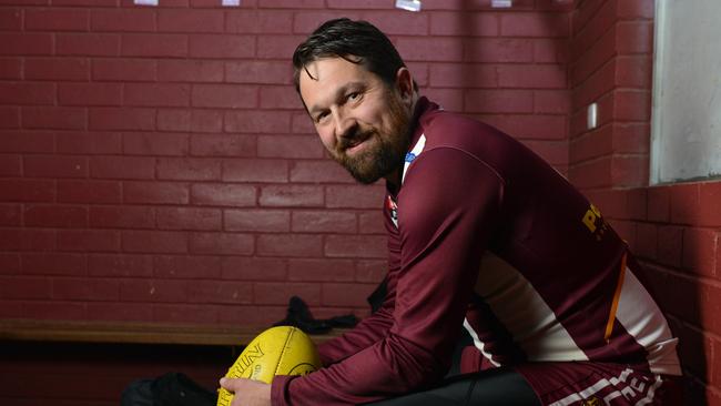 Former Crows player Chris Ladhams in the Nairne Bremer United Football Club change rooms. Picture: Brenton Edwards/AAP