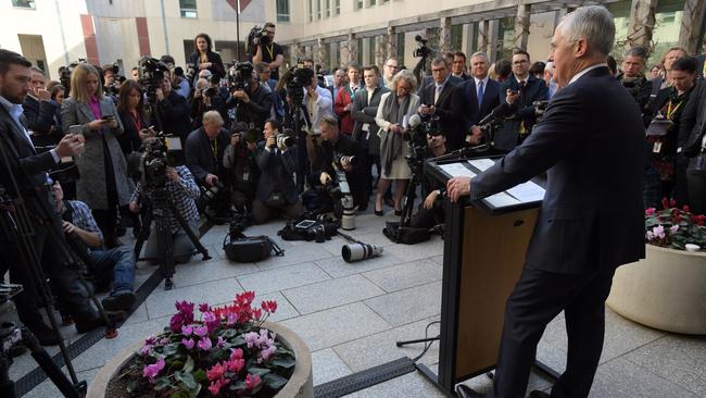 Malcolm Turnbull’s farewell press conference as prime minister at Parliament House in Canberra on Friday. Picture: AAP