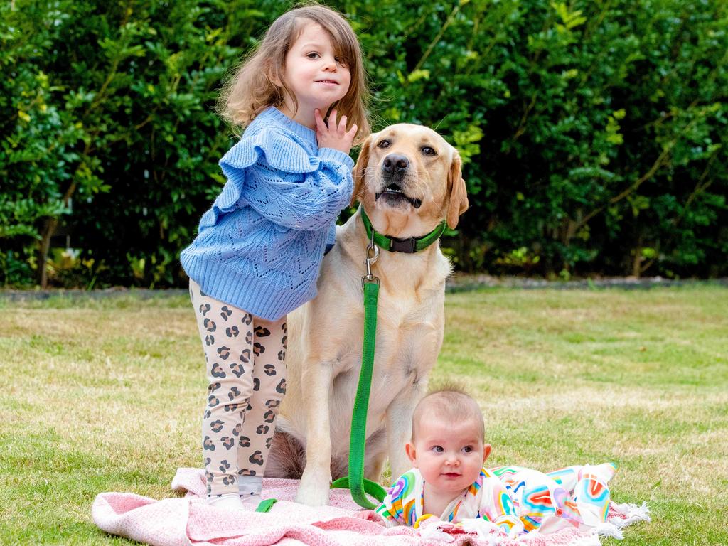 Sisters Violet and Ruby Tharenou with Molly the Golden Labrador. Picture: Richard Walker