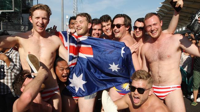 The so-called Budgie Nine pictured wearing the bathers that led to their legal woes in Malaysia. Picture: AP Photo
