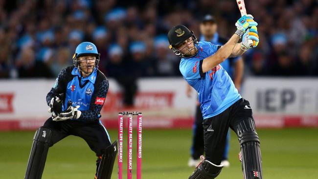 Phil Salt gets in the swing for the Sussex Sharks ahead of his arrival in Adelaide. Picture: Jordan Mansfield/Getty Images