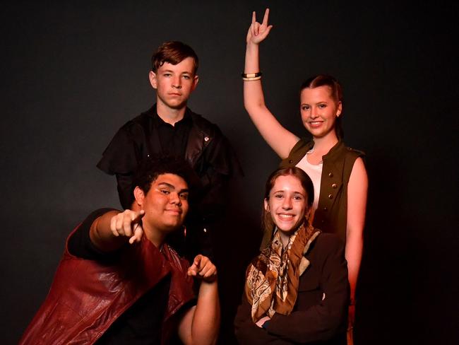 We Will Rock You is on at the Townsville Civic Theatre this weekend. Cast members Joseph Ori and Elizabeth Davis (front) with Riley Johnston and Bridget Baxter (back). Picture: Evan Morgan