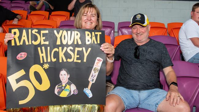 Samonne Dallaway and Steve Dallaway as thousands of fans gathered for the AFLW Dreamtime game between Richmond and Essendon in Darwin. Picture: Pema Tamang Pakhrin