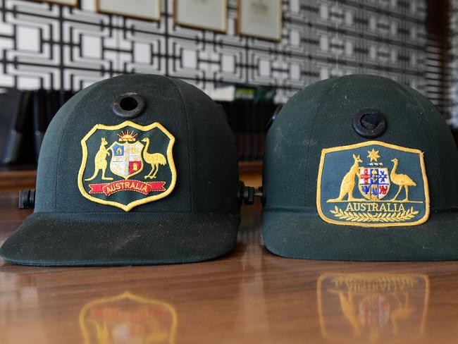 A collection of Australian cricket helmets, used by the Australian cricket team, belonging to former prime minister Bob Hawke are seen at his home in Northbridge, Sydney, Wednesday, August 21, 2019. A range of items belonging to Bob Hawke and Blanche D'Alpuget will go to auction on August 27. (Bianca De Marchi)