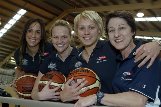 SA members of the Australian womens basketball squad for the Commonwealth Games (l-r) basketballer Laura Summerton, Jenny Screen, Erin Phillips and coach Jan Stirling.
