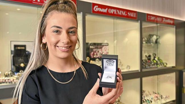 STUNNING: Chloe Fry with a $20,000 diamond ring for sale at the new Angus and Coote which is opening at Orion. Picture: Cordell Richardson