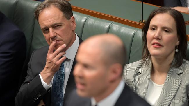 MPs Greg Hunt and Kelly O’Dwyer listen to Treasurer Josh Frydenberg deliver the budget last night. Picture: Getty Images