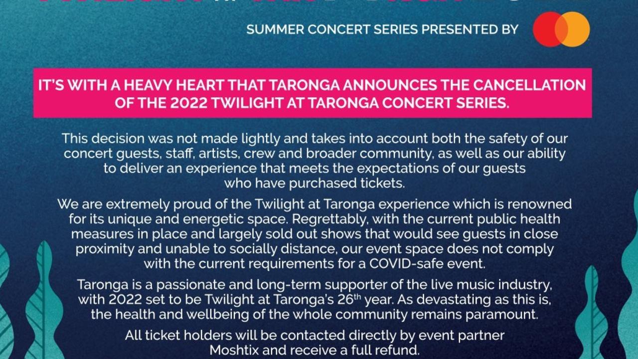 Twilight At Taronga cancelled because of recent health orders targeting live music. Picture: Supplied.