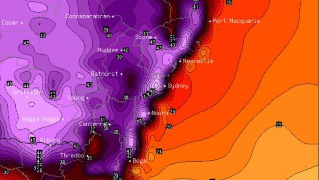 A heat map of Australia showing Penrith as the hottest place on earth on Saturday afternoon. Picture: BSCH