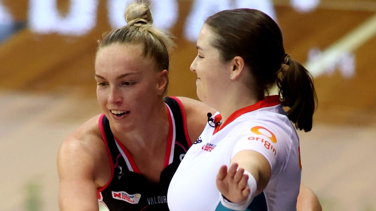 Hannah Petty of the Thunderbirds runs into an umpire during the round seven Super Netball match between Adelaide Thunderbirds and West Coast Fever. Photo: Getty Images