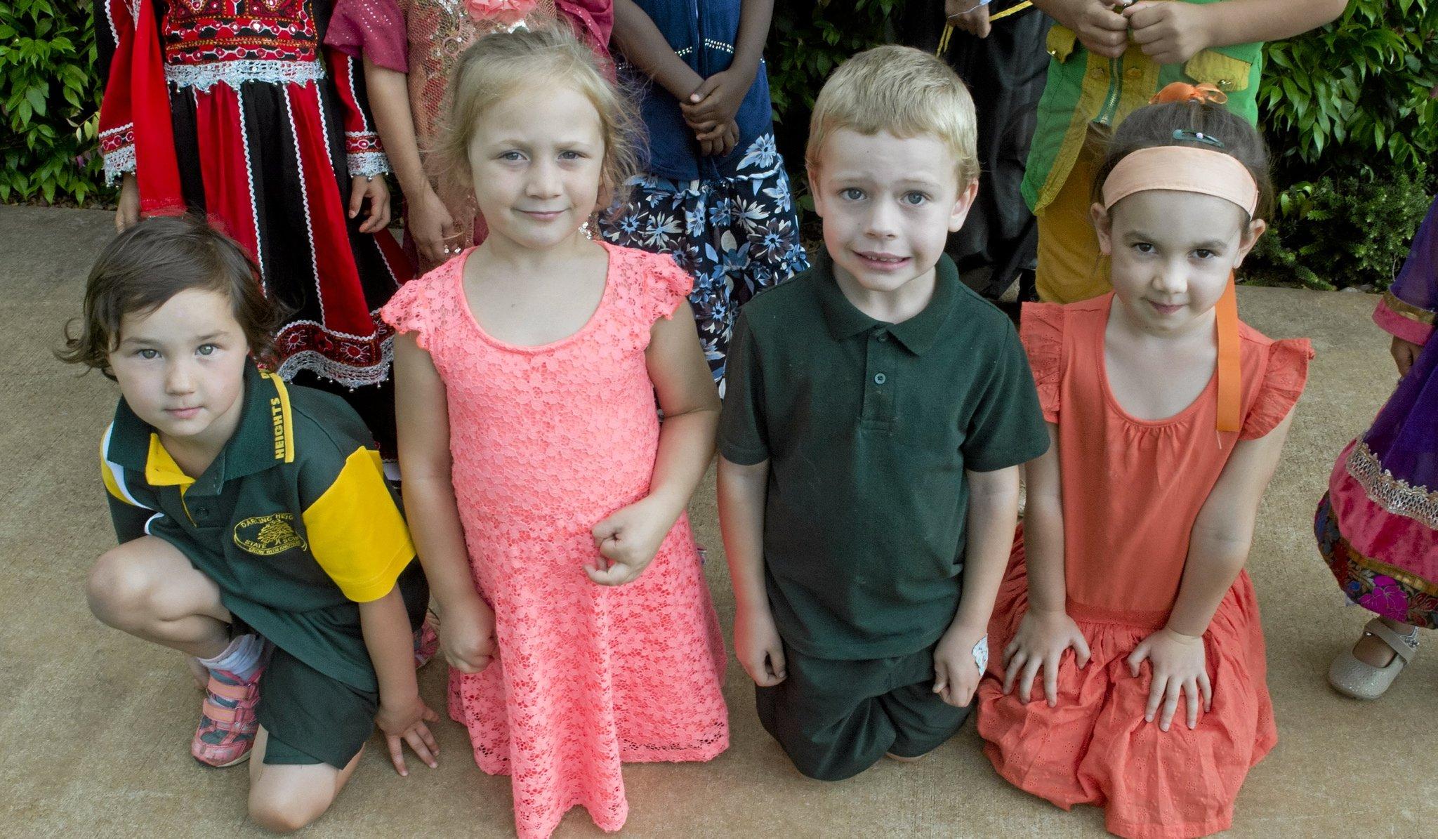 ( From left )  Zoe MacAvoy, Harlow Williams, Alex Abbott and India MacQueen at Harmony day at Darling Heights State School  . Wednesday 16 Mar , 2016. Picture: Nev Madsen